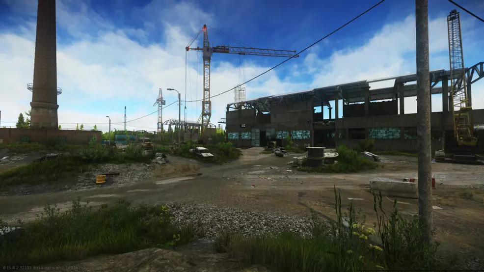 Escape from Tarkov's Customs Map, showing the iconic Fortress, a half finished warehouse turned into a military base.