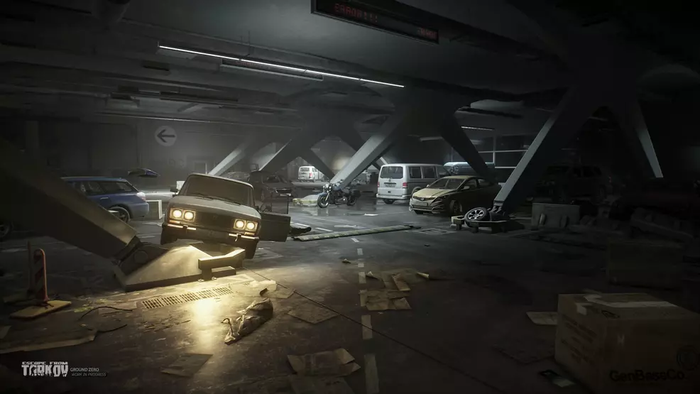 Escape from Tarkov Ground Zero Map. A Parking garage in the aftermath of a battle.