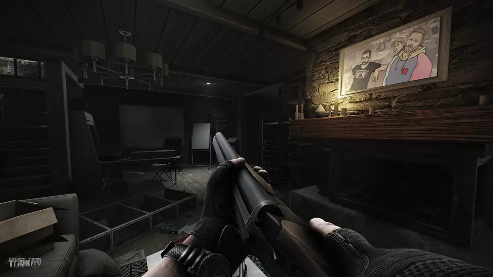 Escape from Tarkov: Player holding a two barrel shotgun while making their way through a ransacked house.