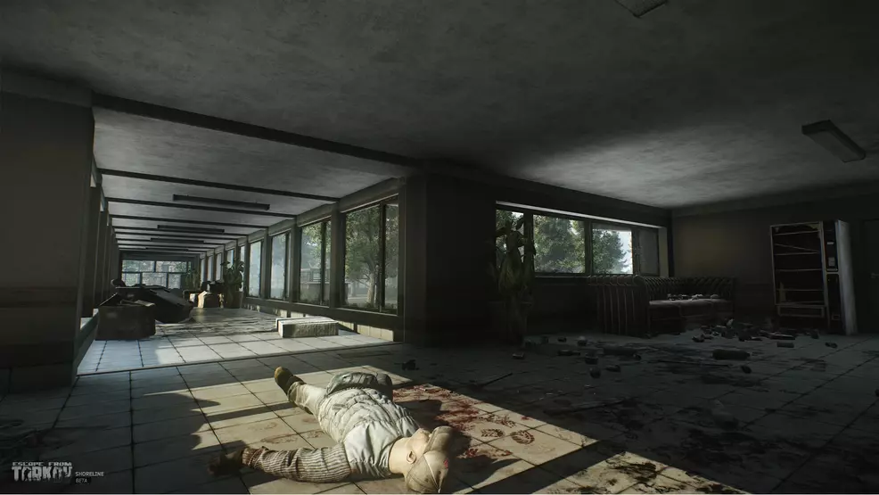 Escape from Tarkov: The ruined resort's empty hallways and a corpse.