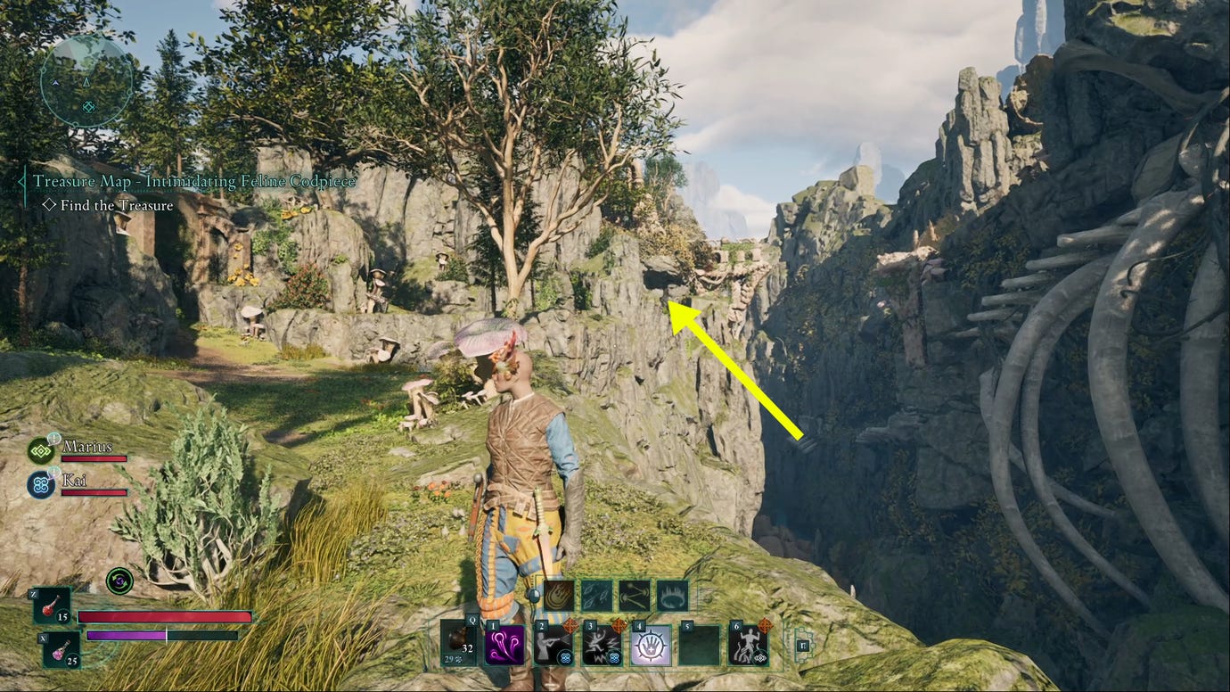 The location of the Intimidating Feline Codpiece, with an arrow pointing to an enclave located by a cliff.