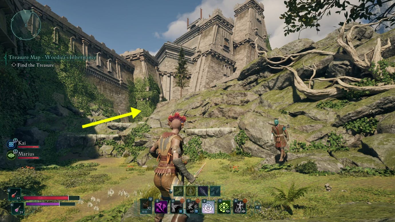 The location of Woedica's Inheritance, with an arrow pointing towards a hidden wall located in Paradis' eastern gate.