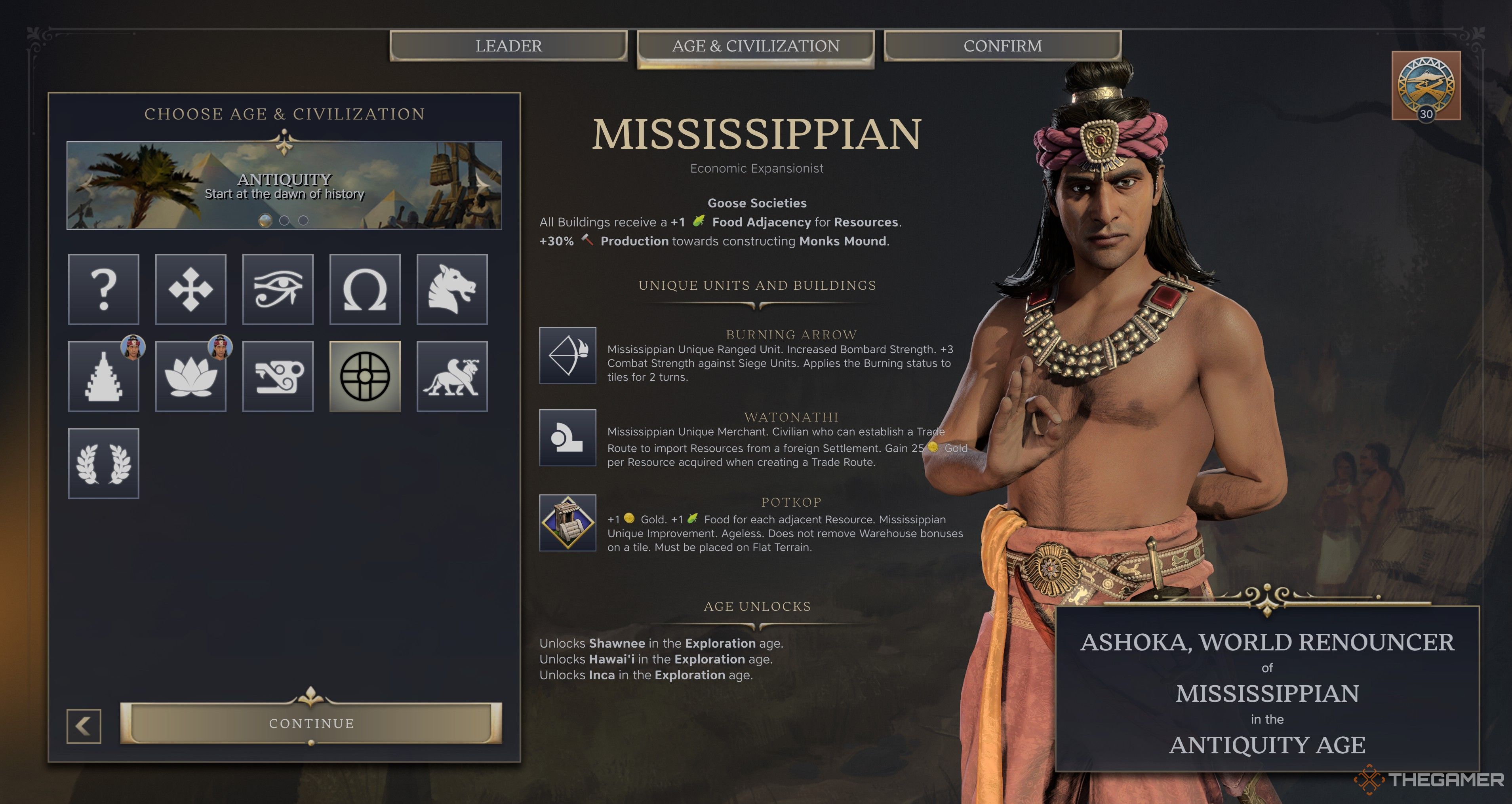 Экран выбора Maurya для Ashoka, Отрекшегося от Мира в Civilization 7