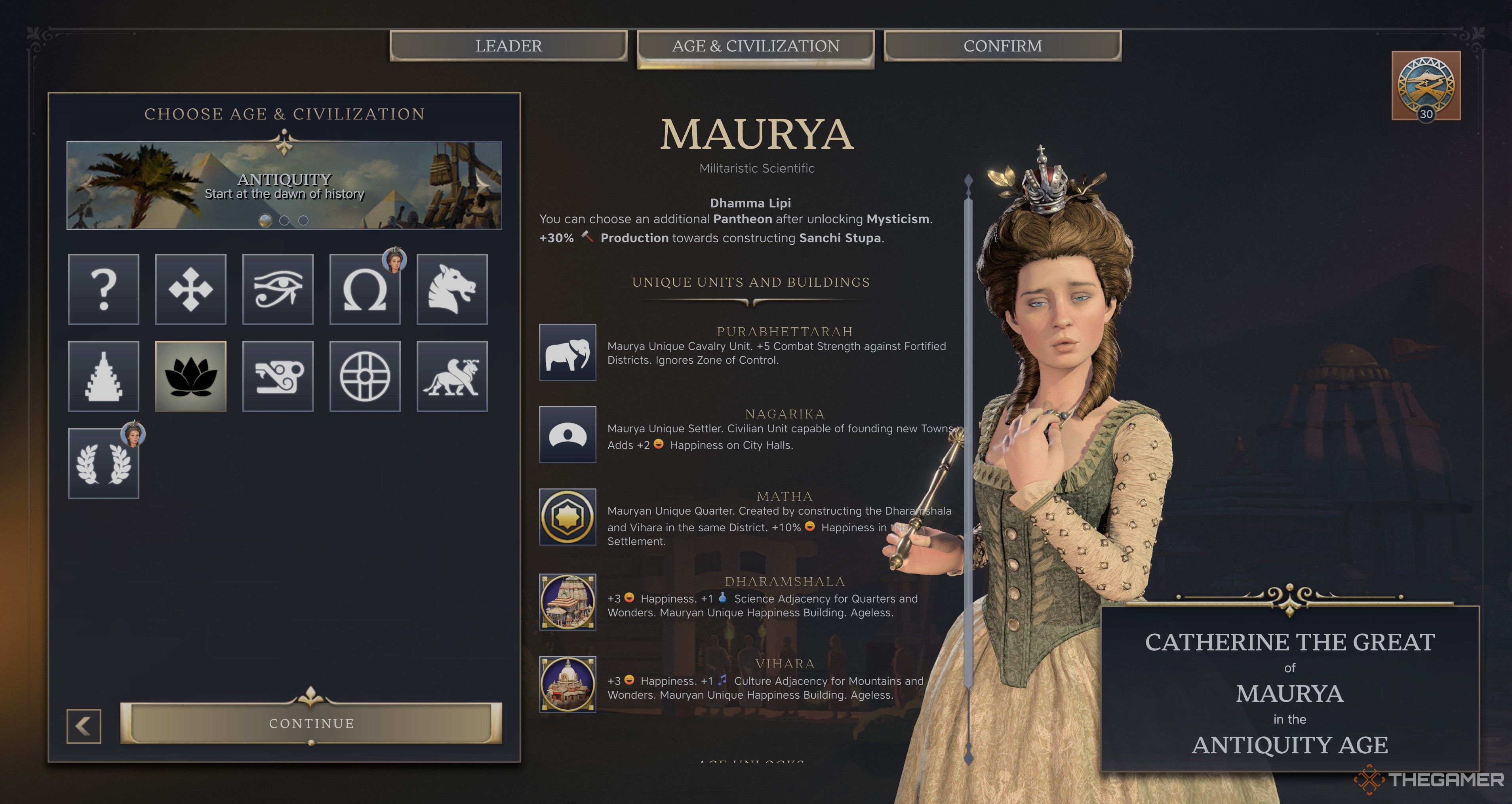 Catherine the Great's Maurya Selection Screen in Civilization 7