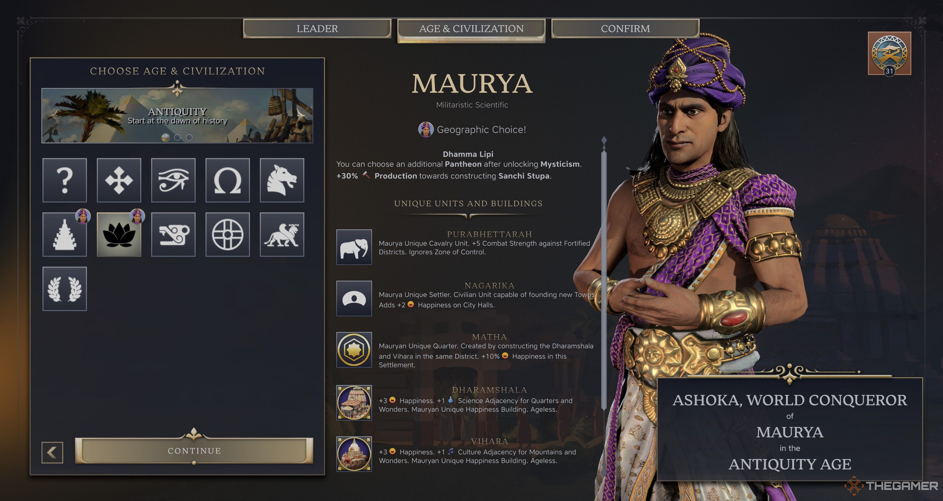 Экран выбора Maurya для Ashoka, Завоевателя Мира в Civilization 7