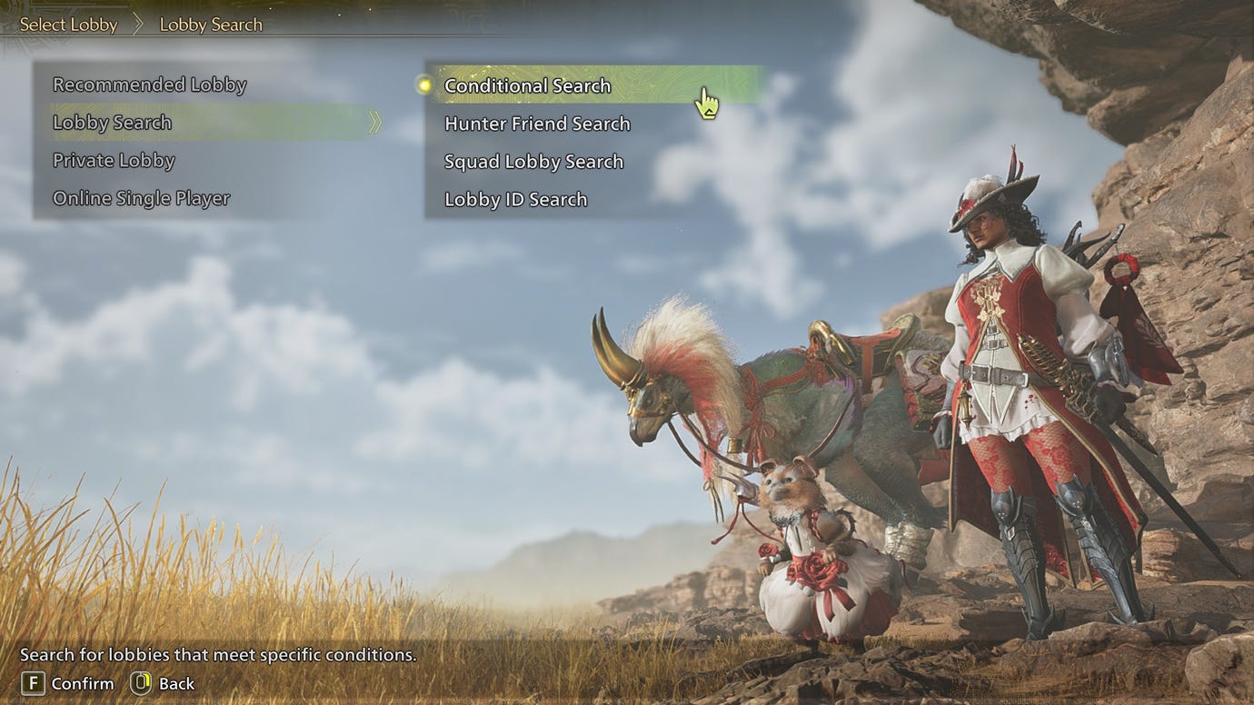 The main login screen of Monster Hunter Wilds, showing the Hunter, her Palico, and Seikret alongside the various Lobby options.