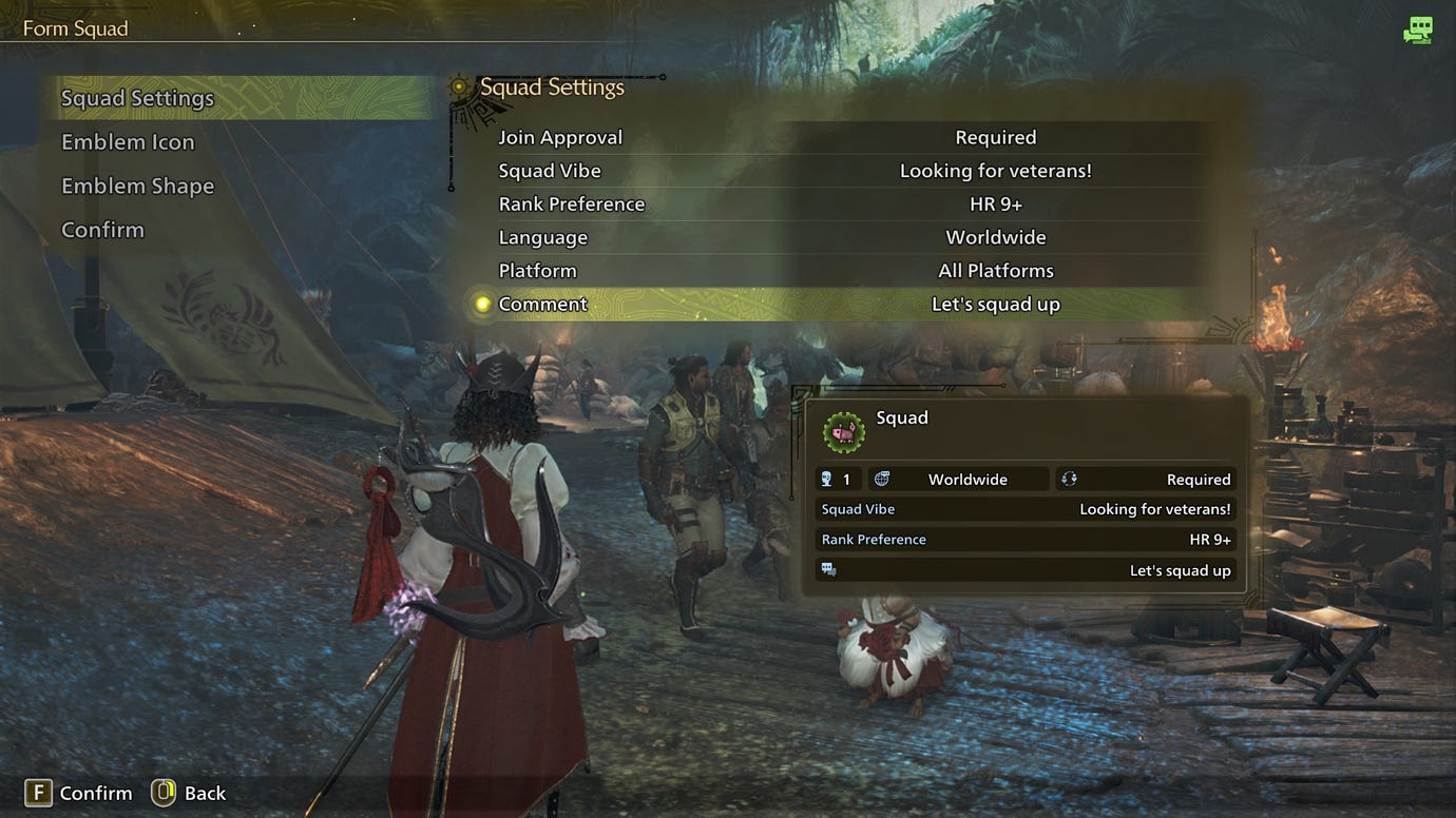 The Squad menu in Monster Hunter Wilds.