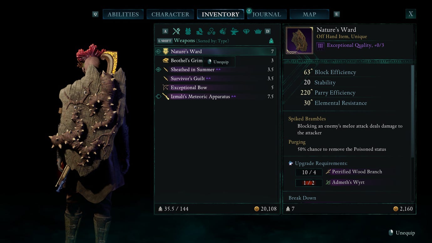 The inventory menu in Avowed showing Nature's Ward, a unique wooden shield with bulbous spikes growing from it.