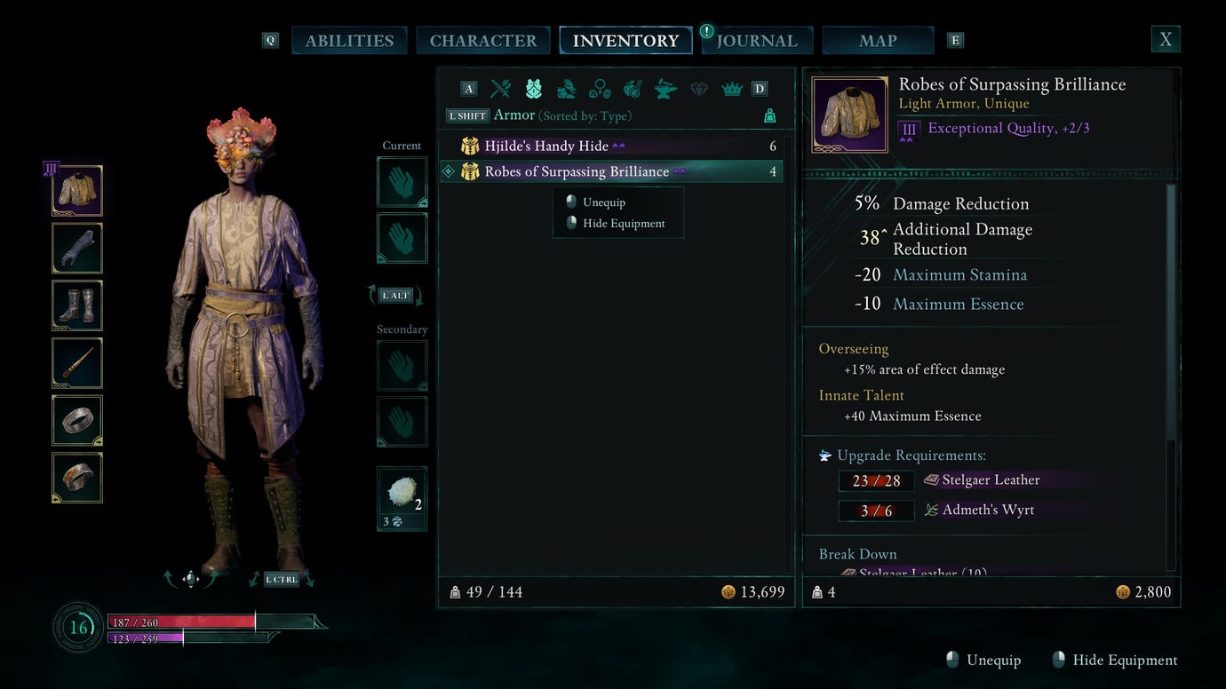 The inventory screen in Avowed, showing the Envoy wearing the Robes of Surpassing Brilliance.