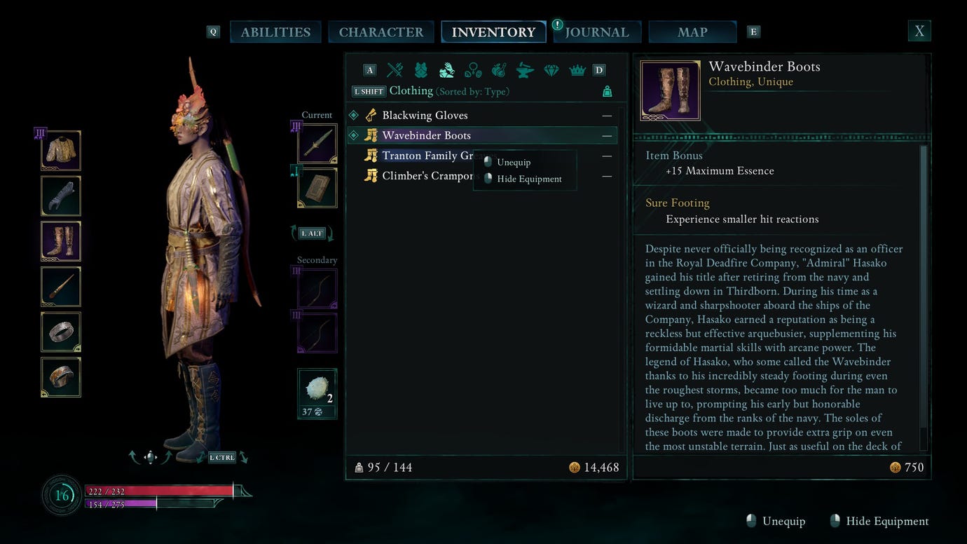 The Avowed inventory screen showing the Envoy wearing the Wavebinder Boots, which grant a boost to maximum Essence.