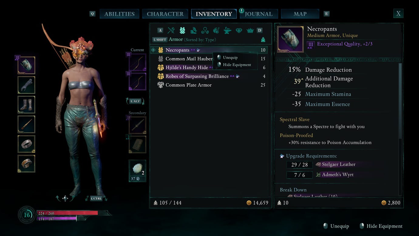 The Avowed inventory screen showing the Envoy wearing the Necropants. They literally are just a pair of trousers made from weird blue skin.