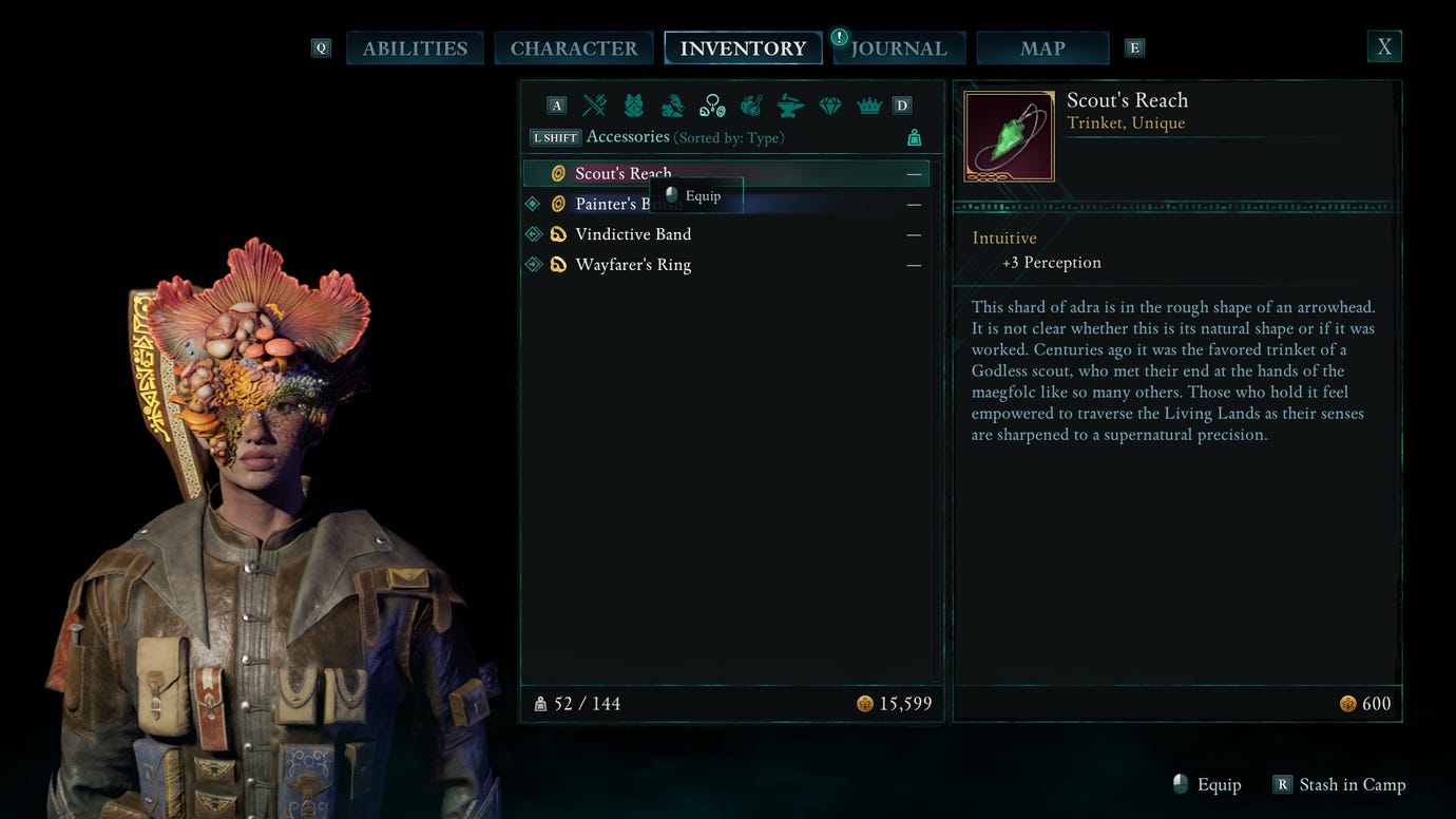 The inventory screen in Avowed, showing the description of the Scout's Reach trinket.