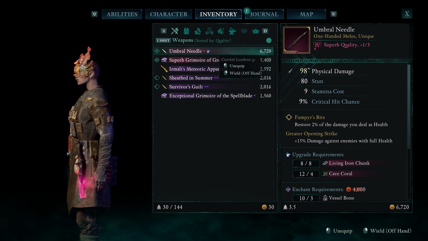 A menu screen in Avowed showing the description of the Umbral Needle dagger.