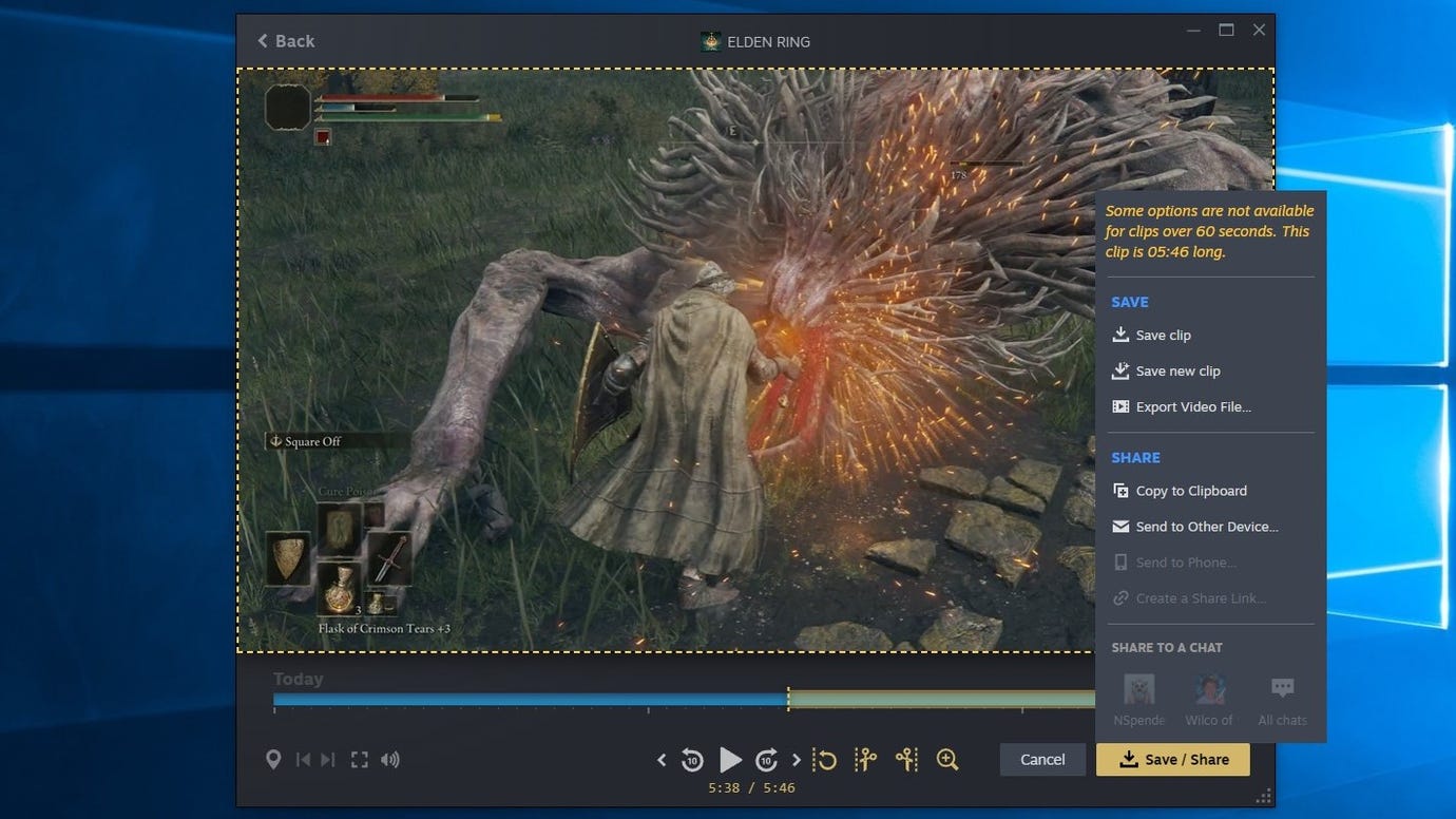 Как делиться клипами записи игр Steam: Нажмите кнопку 'Сохранить/Поделиться', чтобы выбрать способ экспорта или обмена клипом.