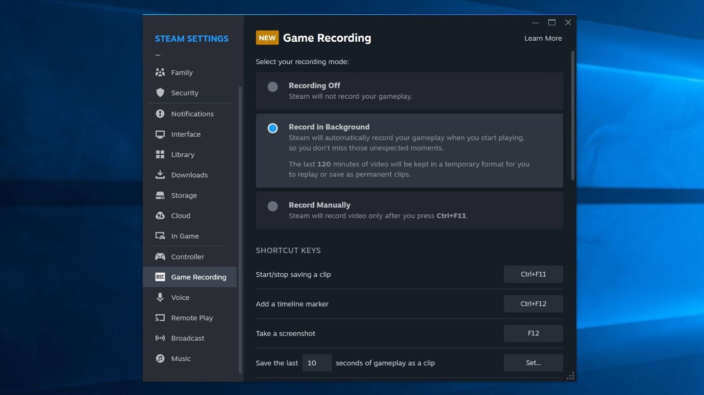 Обновленный экран настроек Steam для записи игр, показывающий два режима захвата: запись в фоновом режиме и запись вручную.