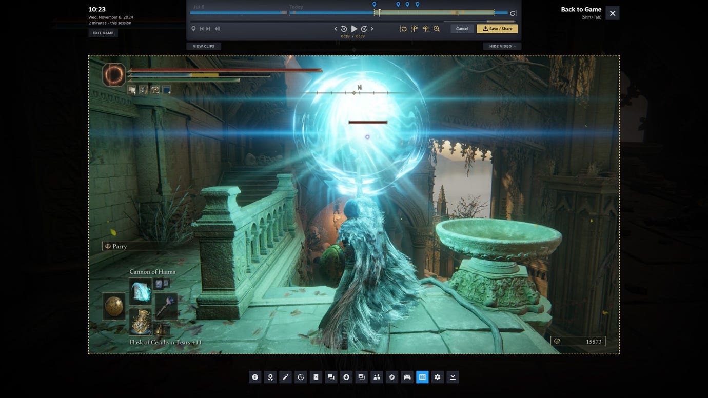 Пользовательский интерфейс наложения для использования записи игр Steam в режиме записи в фоновом режиме, показывающий клип из Elden Ring.