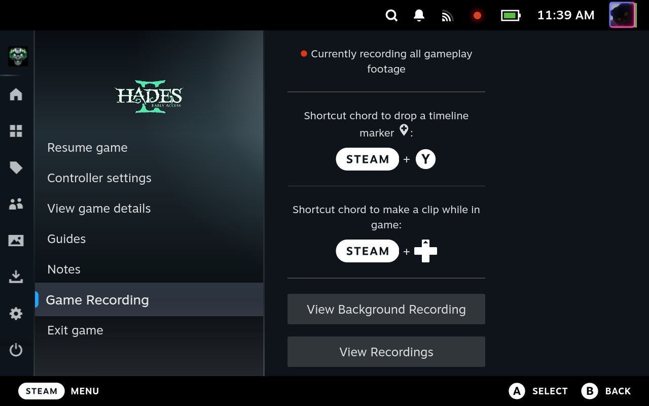 Обновленное меню записи игр, которое появляется в оверлее Steam Deck, показывающее сочетания клавиш для установки таймлайна и мгновенной записи.