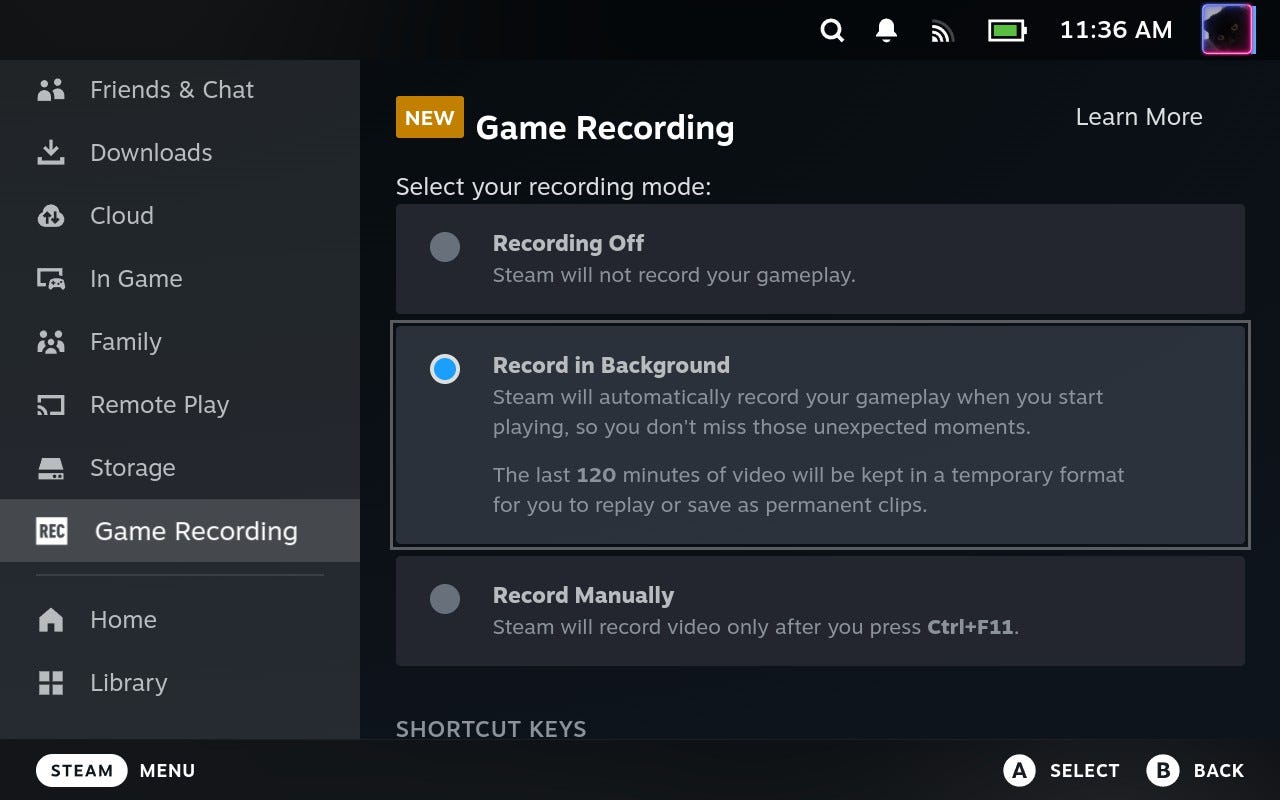 Обновленное меню записи игр в Steam на Steam Deck.
