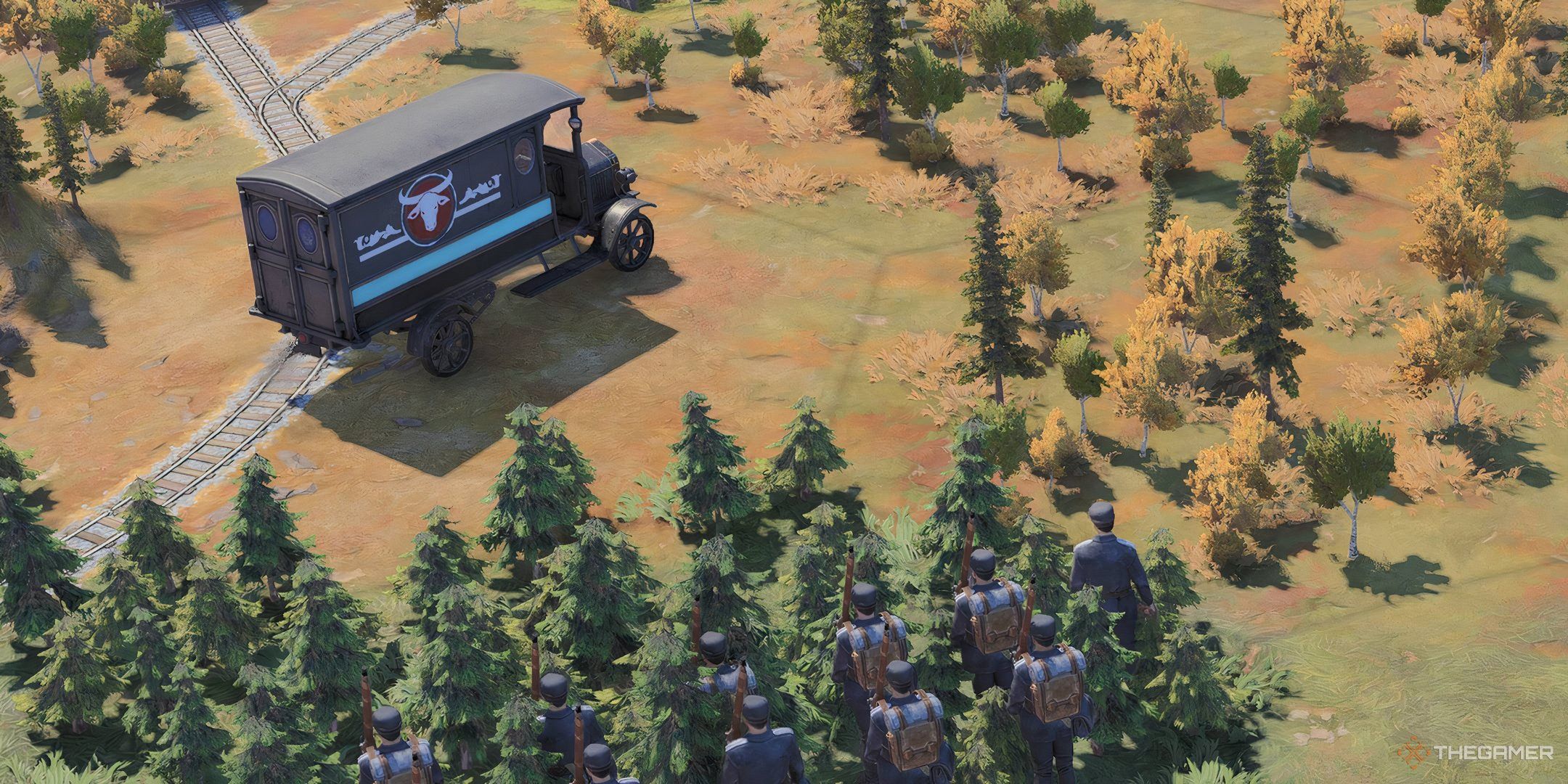 A truck travels down a road with soldiers lurking in a forest in Civilization 7