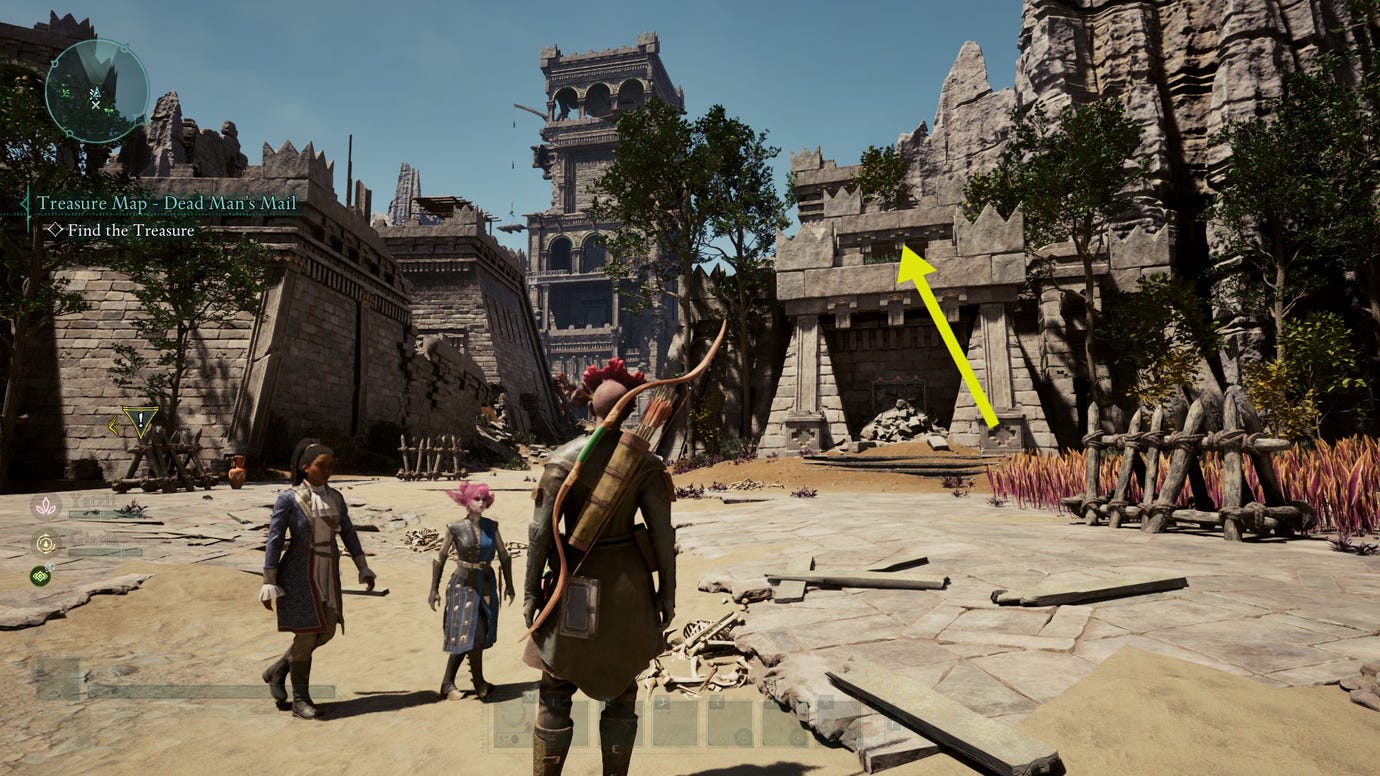 The Envoy stands in the middle of a ruin with her companions in Avowed. An arrow shows the location of the Necropants treasure.