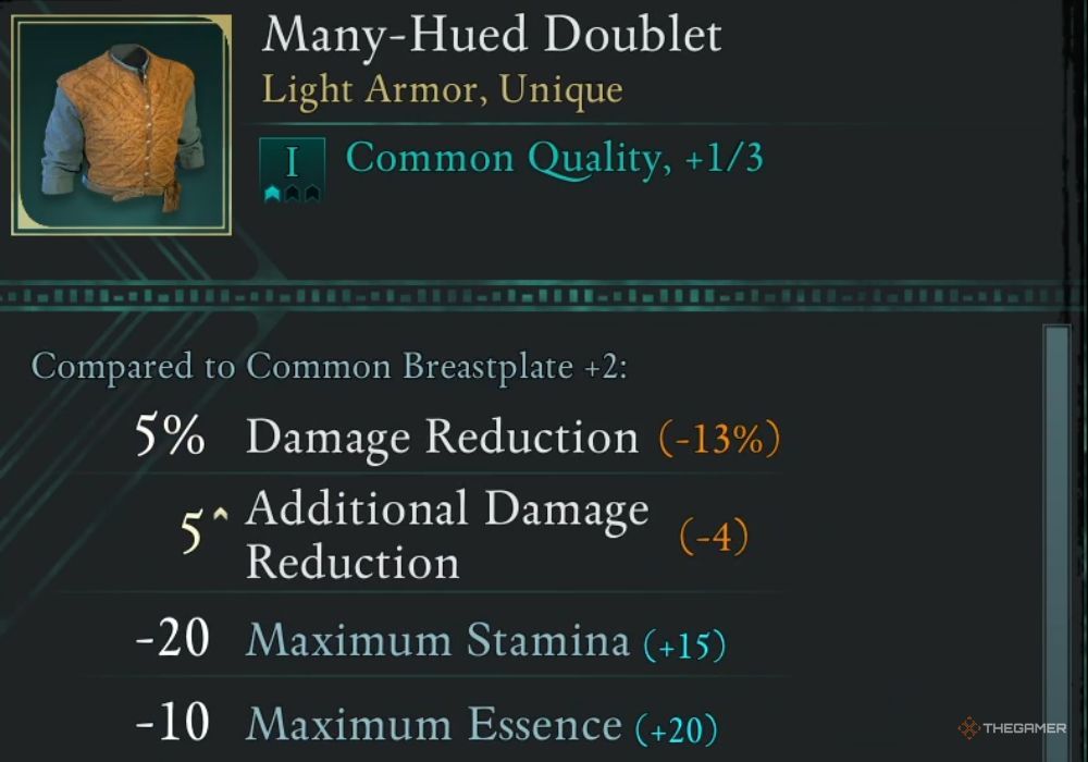 Many-Hued Doublet unique item description.