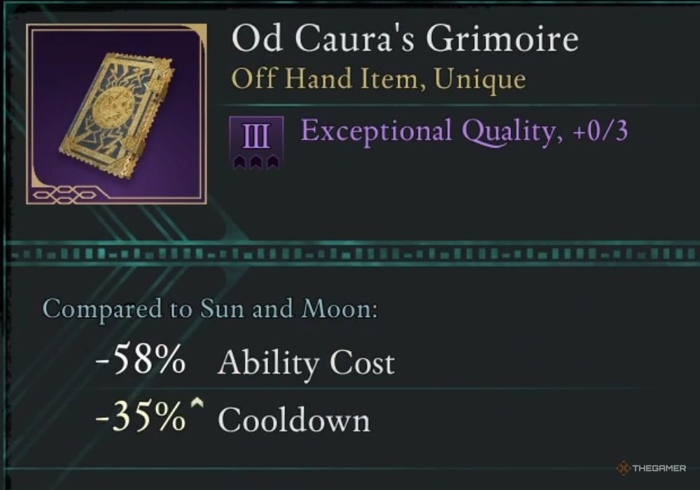 Avowed Od Caura's Grimoire unique item description.