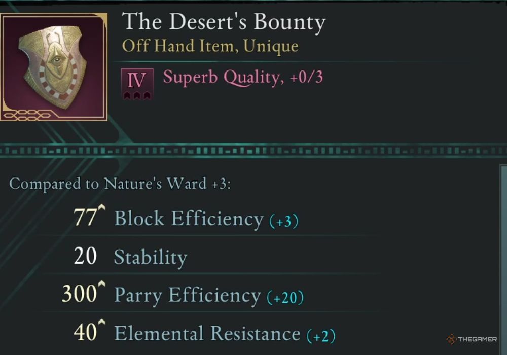 Avowed The Desert's Bounty unique item description.