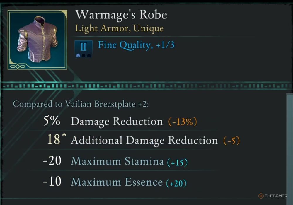 Warmage's Robe unique item description.