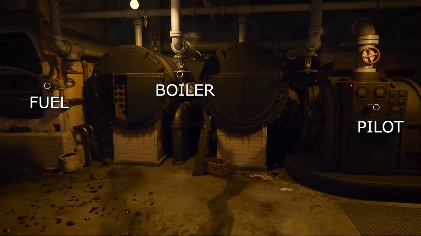 The boiler room puzzle in Black Ops 6, with the fuel, boiler, and pilot clearly labeled.