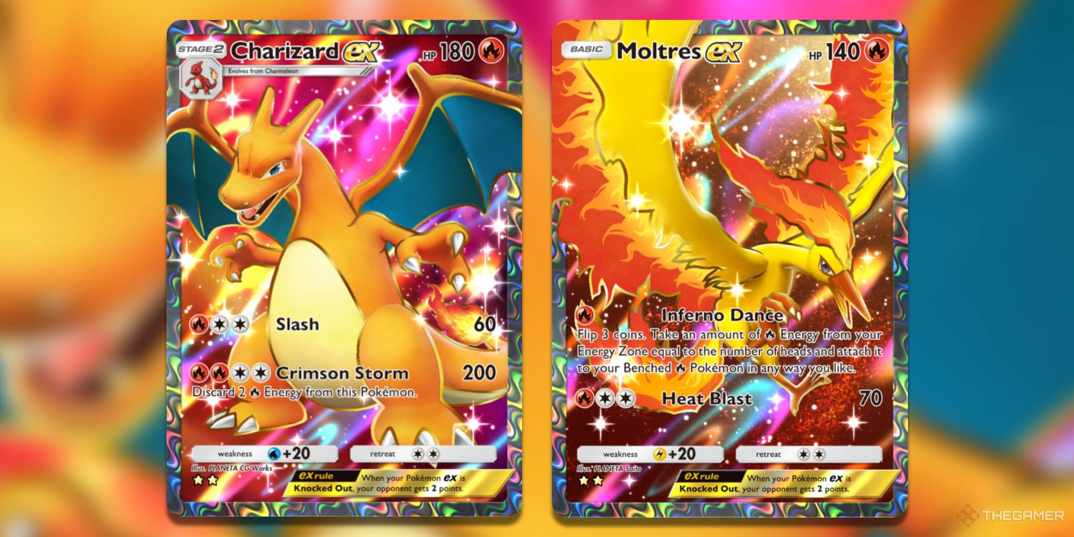 The Super Rare prints of Charizard ex and Moltres ex, from Genetic Apex in Pokemon TCG Pocket.