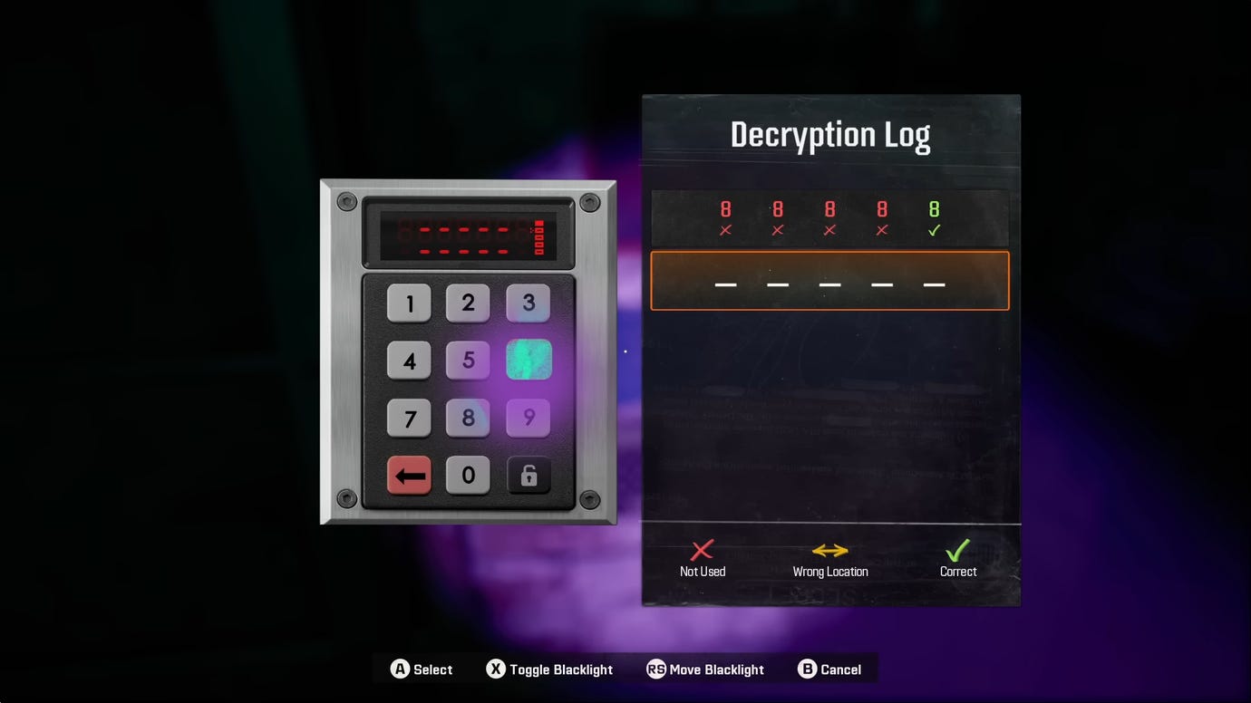 The decryption puzzle in Black Ops 6's safehouse, with a keypad and a five digit combination that must be guessed correctly.