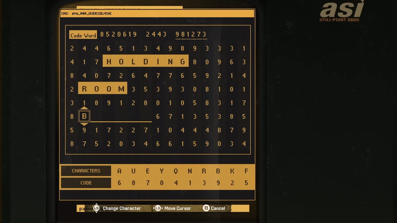 The hacking puzzle in Black Ops 6's safehouse. A variety of letters are displayed on a screen, and the correct words need to be determined. "HACKING" and "ROOM" are currently visible.