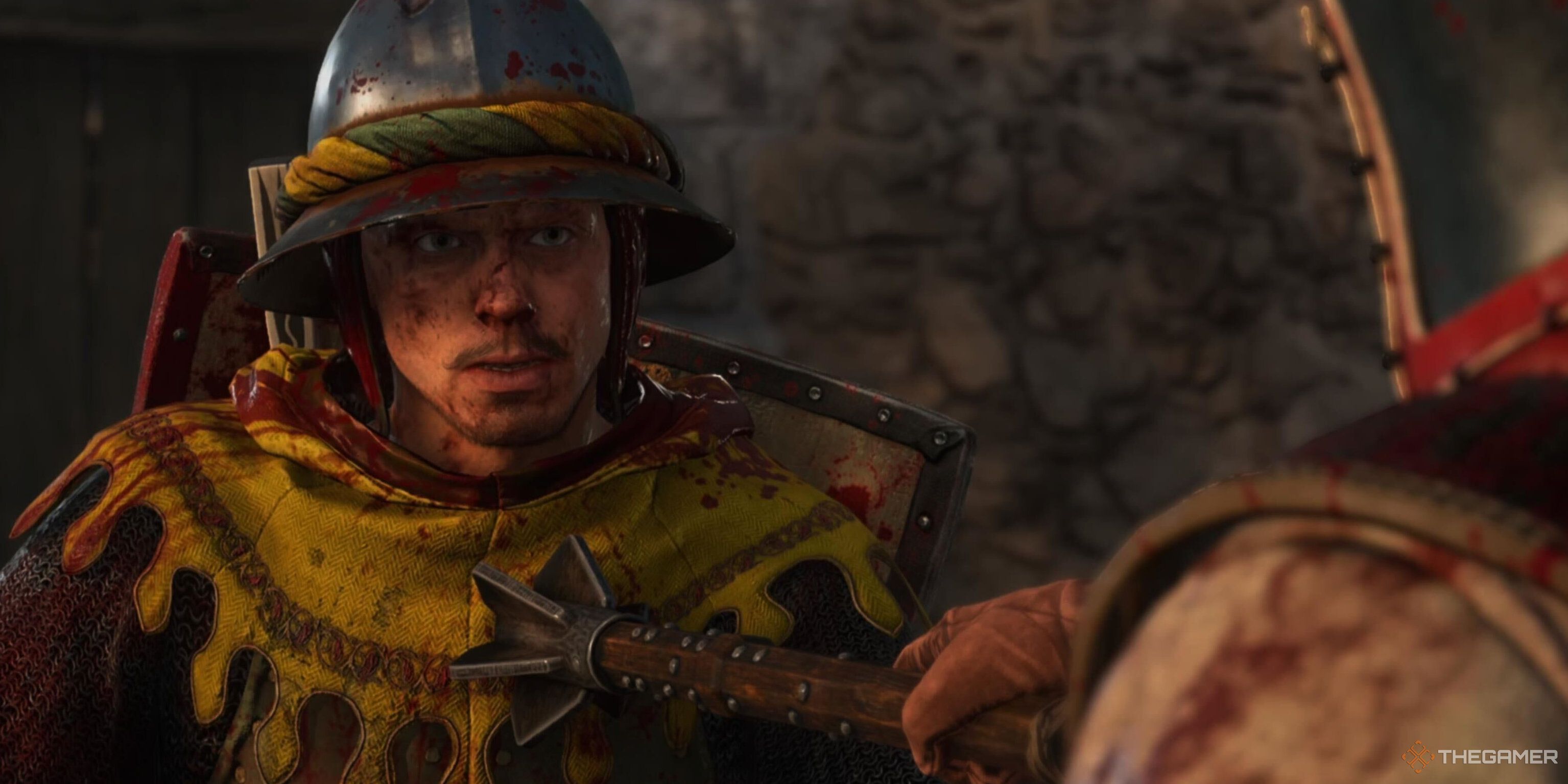 Samuel with a mace on his chest in Kingdom Come: Deliverance 2.