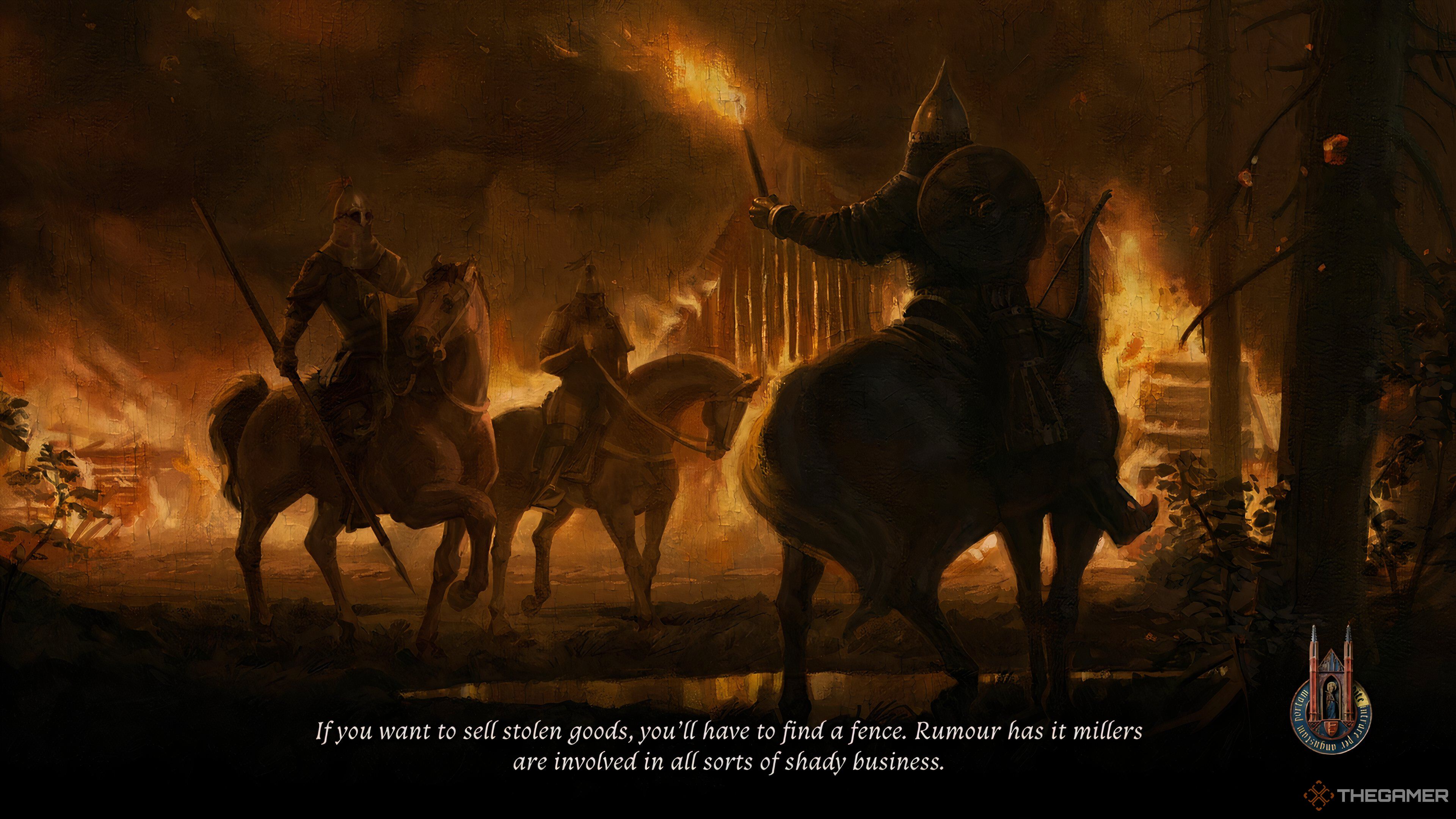 The Kingdom Come: Deliverance 2 loading screen showing men on horses carrying torches.