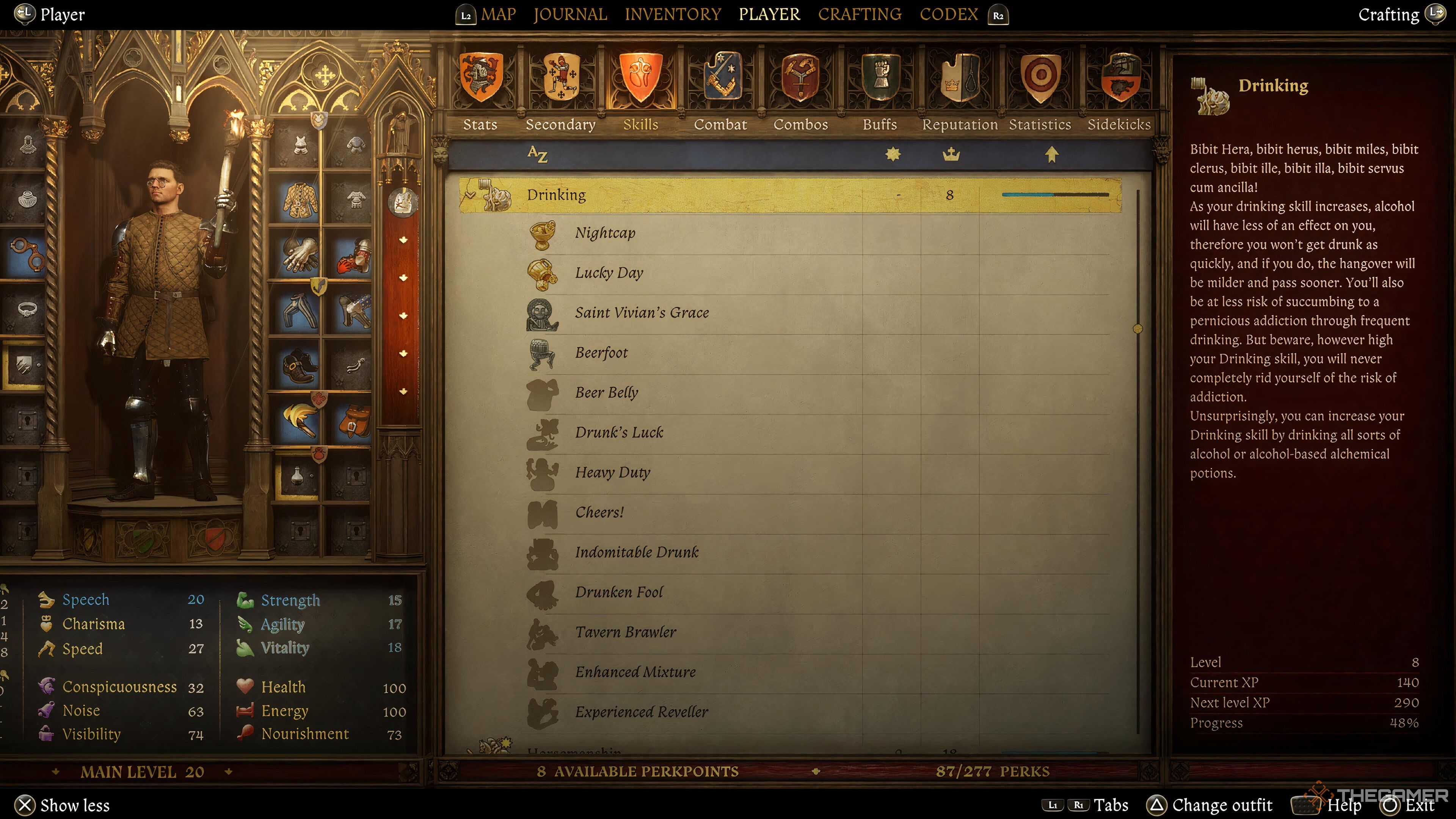 The drinking skills page in Kingdom Come: Deliverance 2.