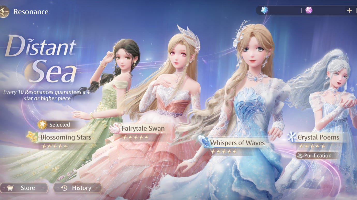 Заставка баннера «Далекое море» в разделе «Резонанс» Infinity Nikki, на заднем фоне показаны четыре 5-звездочных наряда баннера.