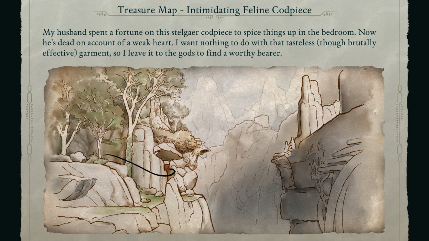 The Teasure Map for the Intimidating Feline Codpiece in Avowed.