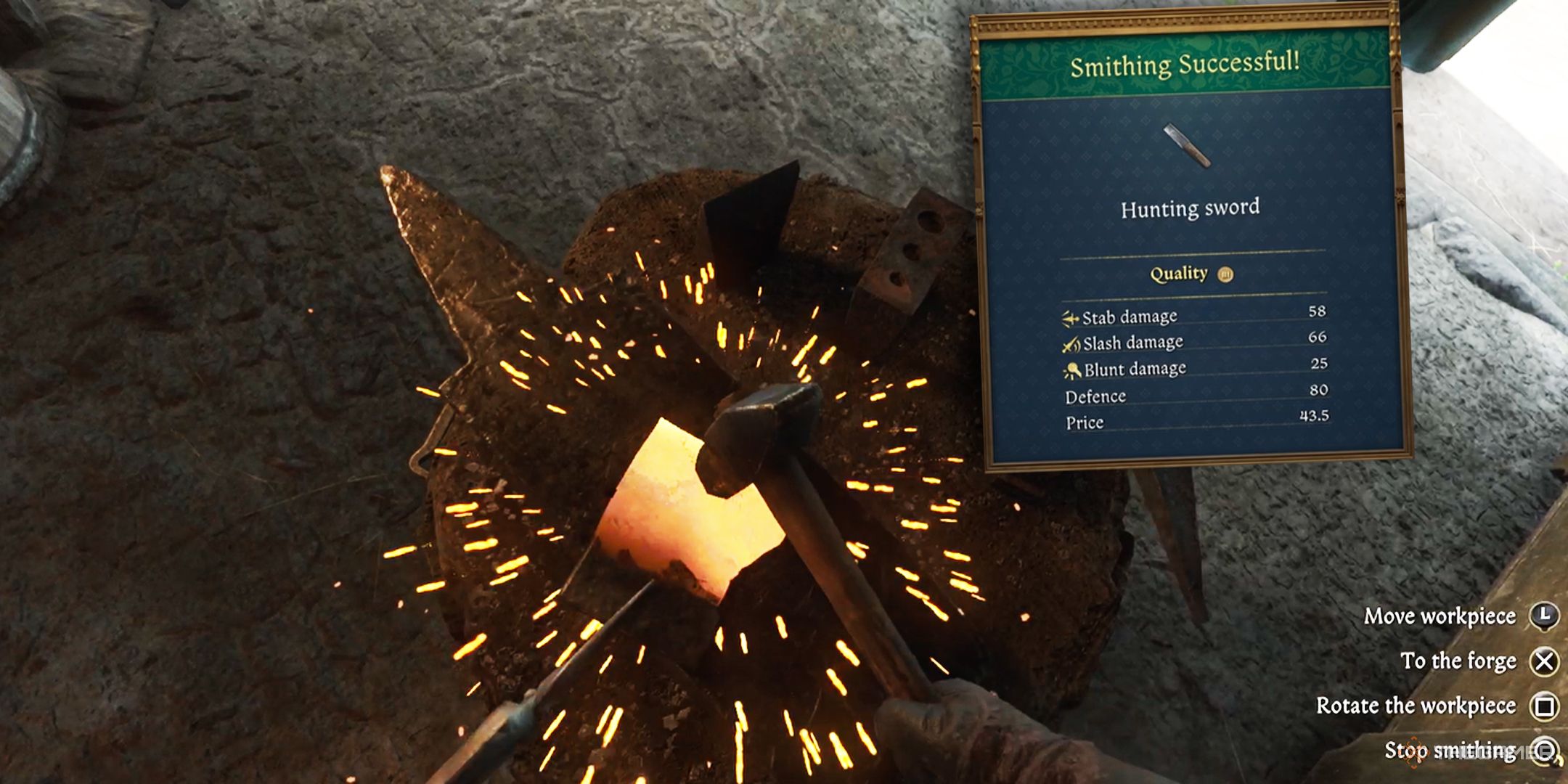 KCD2 hammering on anvil with a smithing summary on the side