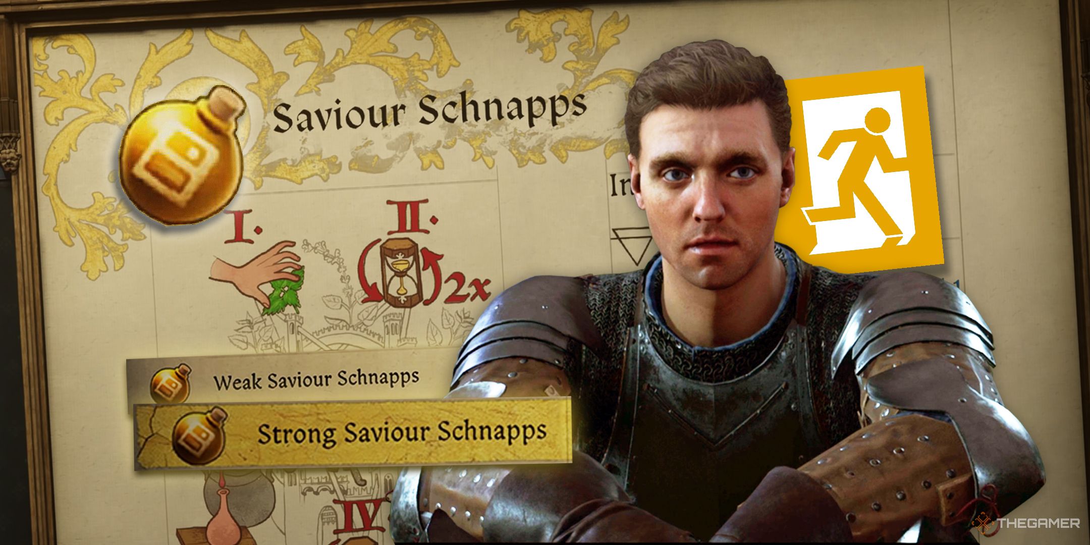 Henry looking sad next to the item page for Saviour Schnapps in Kingdom Come: Deliverance 2.