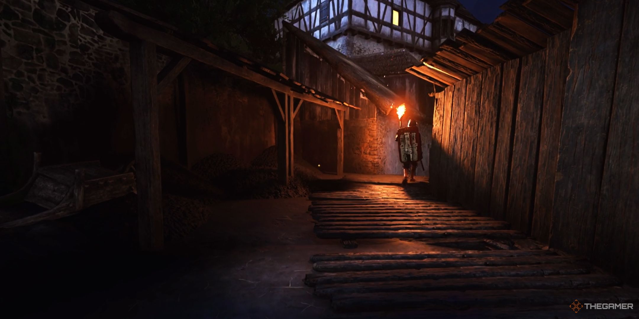 KCD2 stealth screenshot with a guard holding a torch