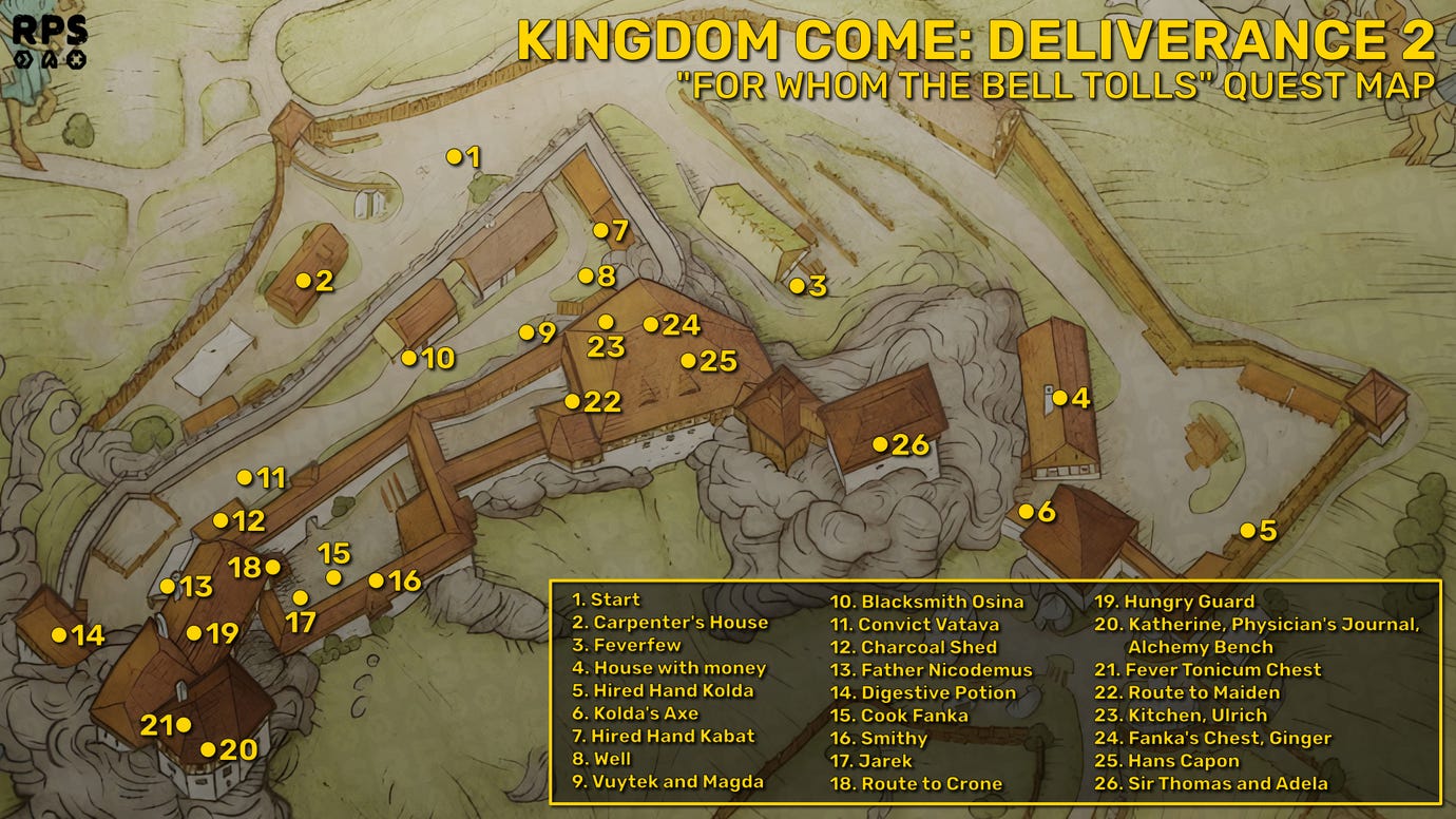 A map of Trosky Castle in Kingdom Come: Deliverance 2, with various locations and positions marked in yellow for help with the main quest, 