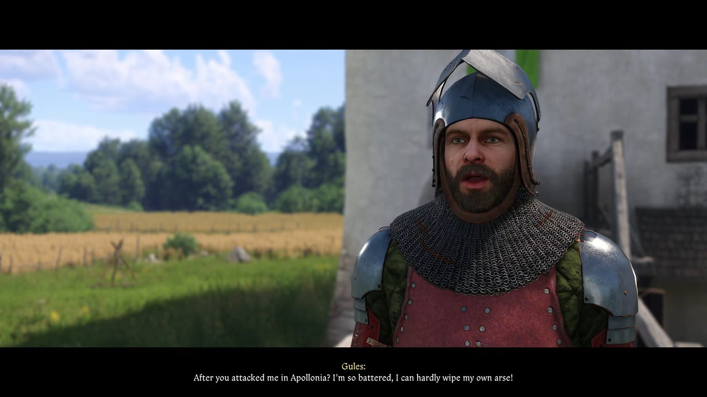 Крупный план Гулеса, NPC и бывшего бандита в Kingdom Come: Deliverance 2, облаченного в броню и разговаривающего с игроком.