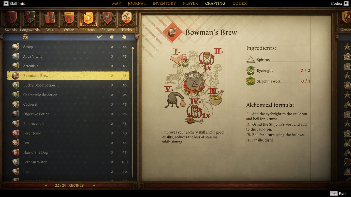 Экран крафта в Kingdom Come: Deliverance 2, с инструкциями и иллюстрацией рецепта Настоя лучника.