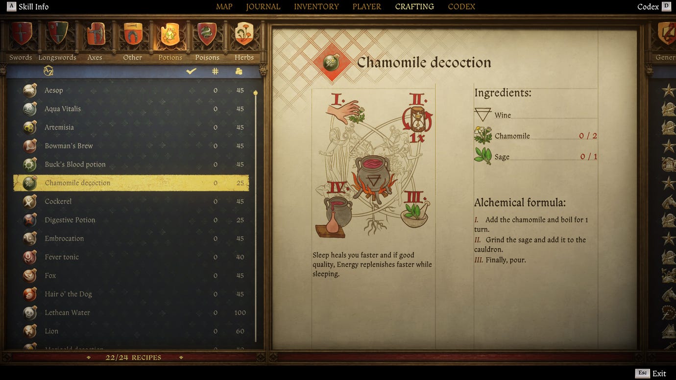 Экран крафта в Kingdom Come: Deliverance 2, с инструкциями и иллюстрацией рецепта Ромашкового отвара.