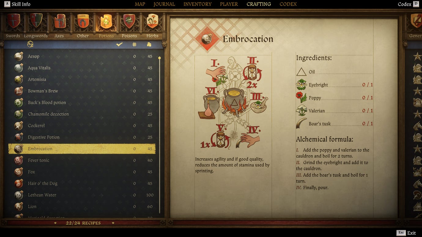 Экран крафтинга в Kingdom Come: Deliverance 2, с инструкциями и иллюстрацией рецепта Притирания.