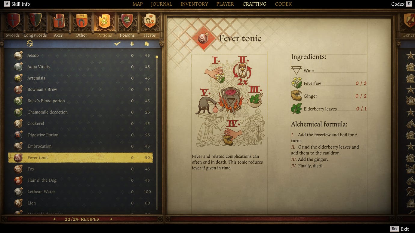 Экран крафтинга в Kingdom Come: Deliverance 2, с инструкциями и иллюстрацией рецепта Тонизирующего от лихорадки.