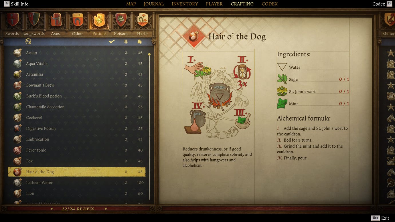 Экран крафтинга в Kingdom Come: Deliverance 2, с инструкциями и иллюстрацией рецепта зелья Клин клином вышибают.