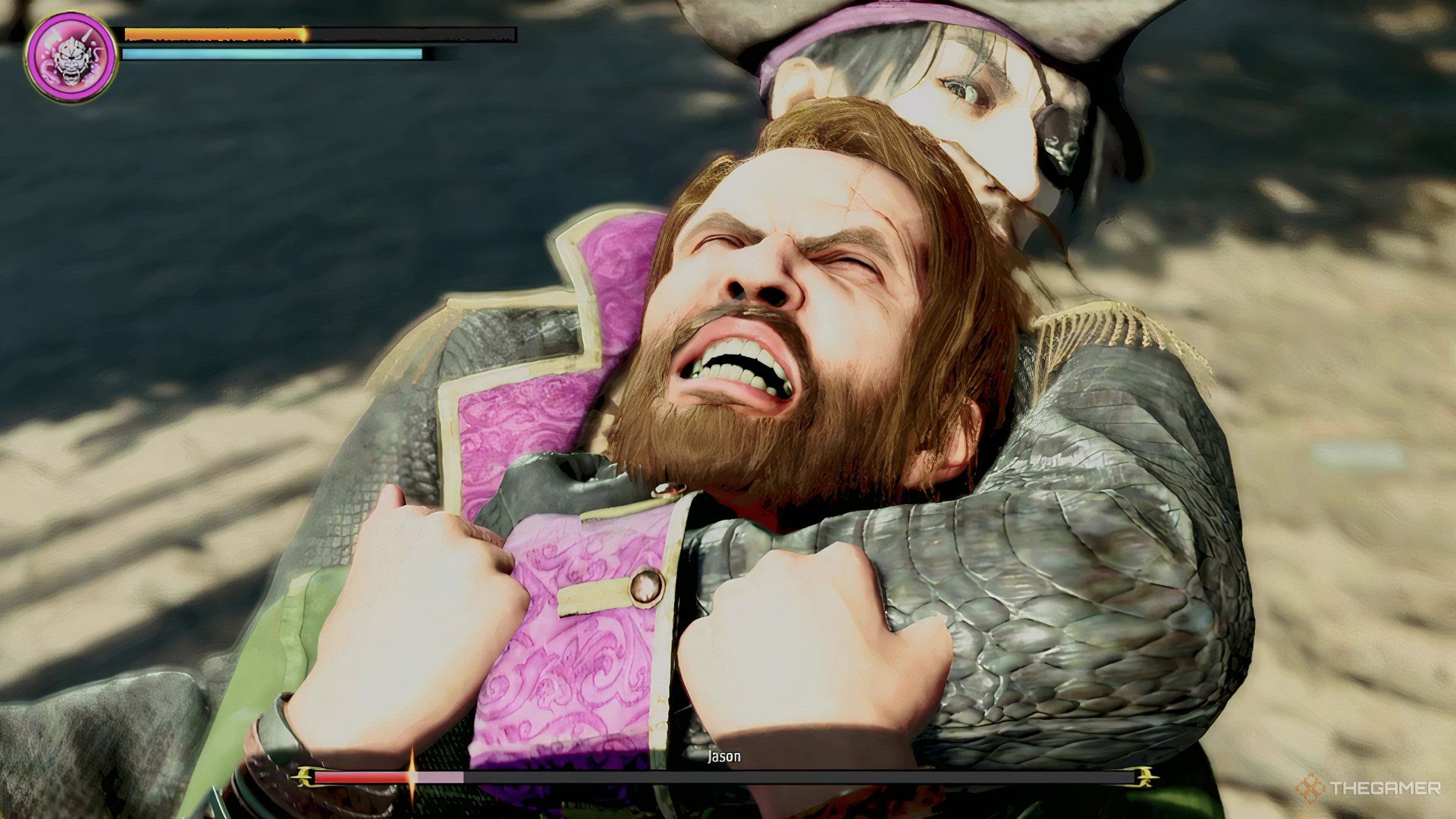 Majima choking Jason out.