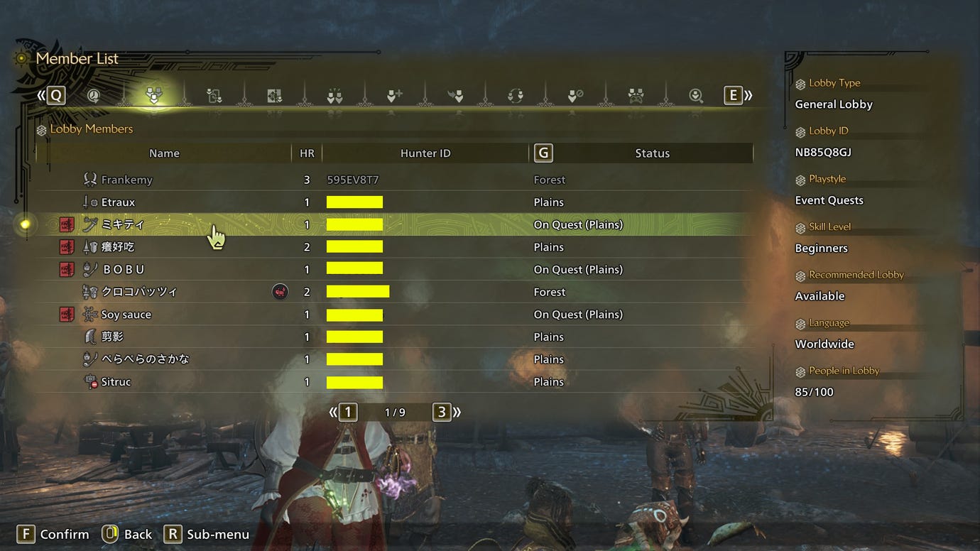 A list showing all players in a General Lobby in Monster Hunter Wilds.