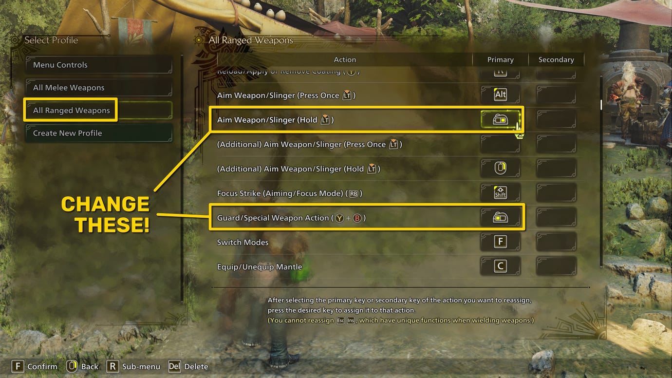 A screenshot of the Monster Hunter Wilds keyboard configuration menu, with the Aim Weapon and Guard keybinds highlighted.